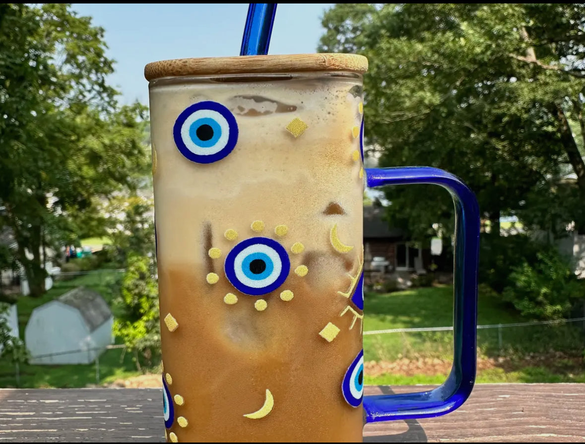 Evil eye square glass cup