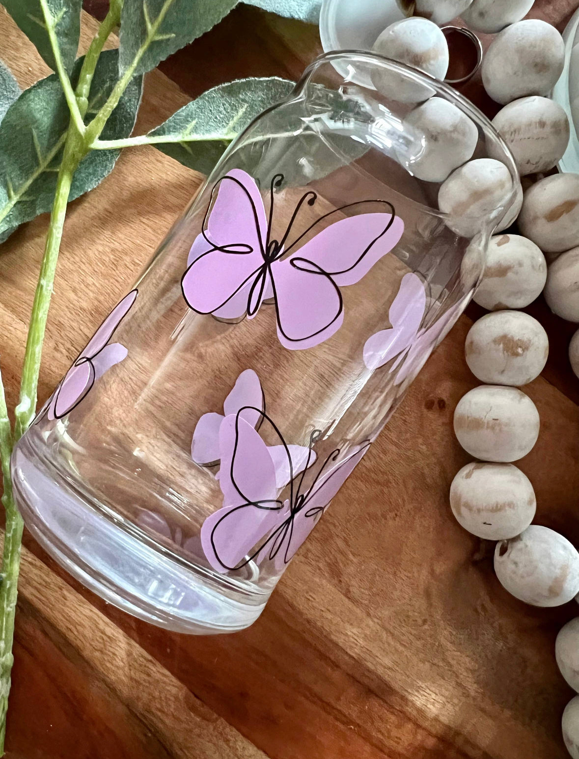 Stencil purple butterfly glass cup