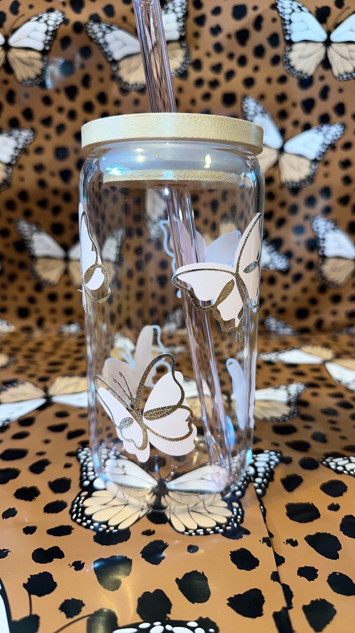 Peach butterfly glass cup