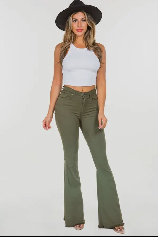 Bell bottom jeans in olive green