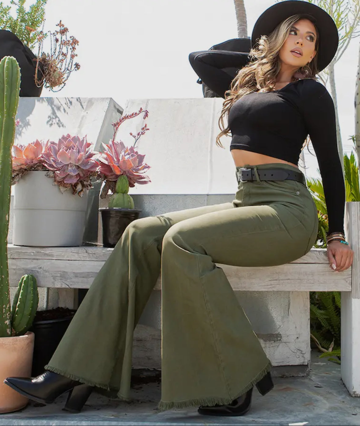 Bell bottom jeans in olive green