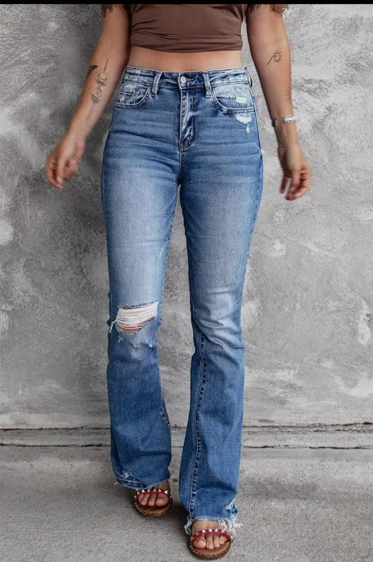 High-rise trousers stretch raw ripped jeans