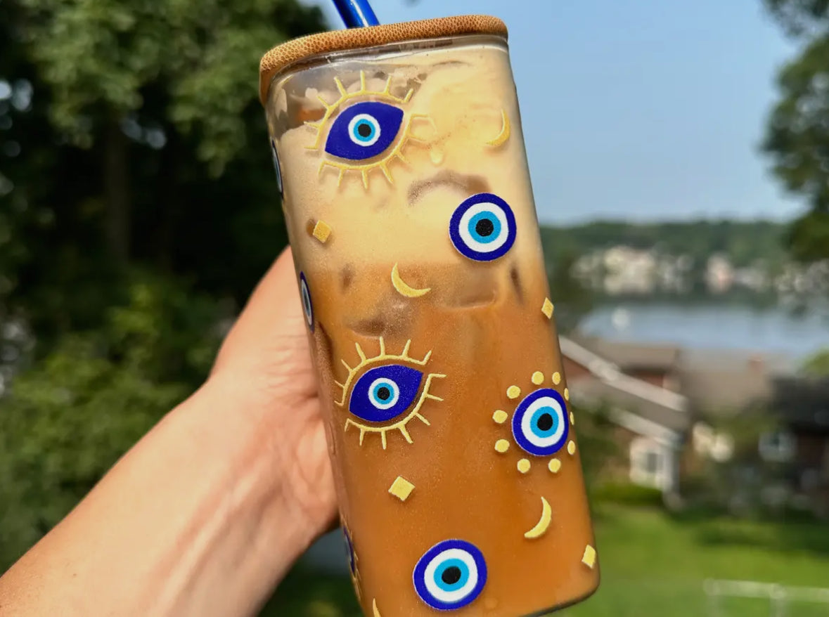 Evil eye square glass cup
