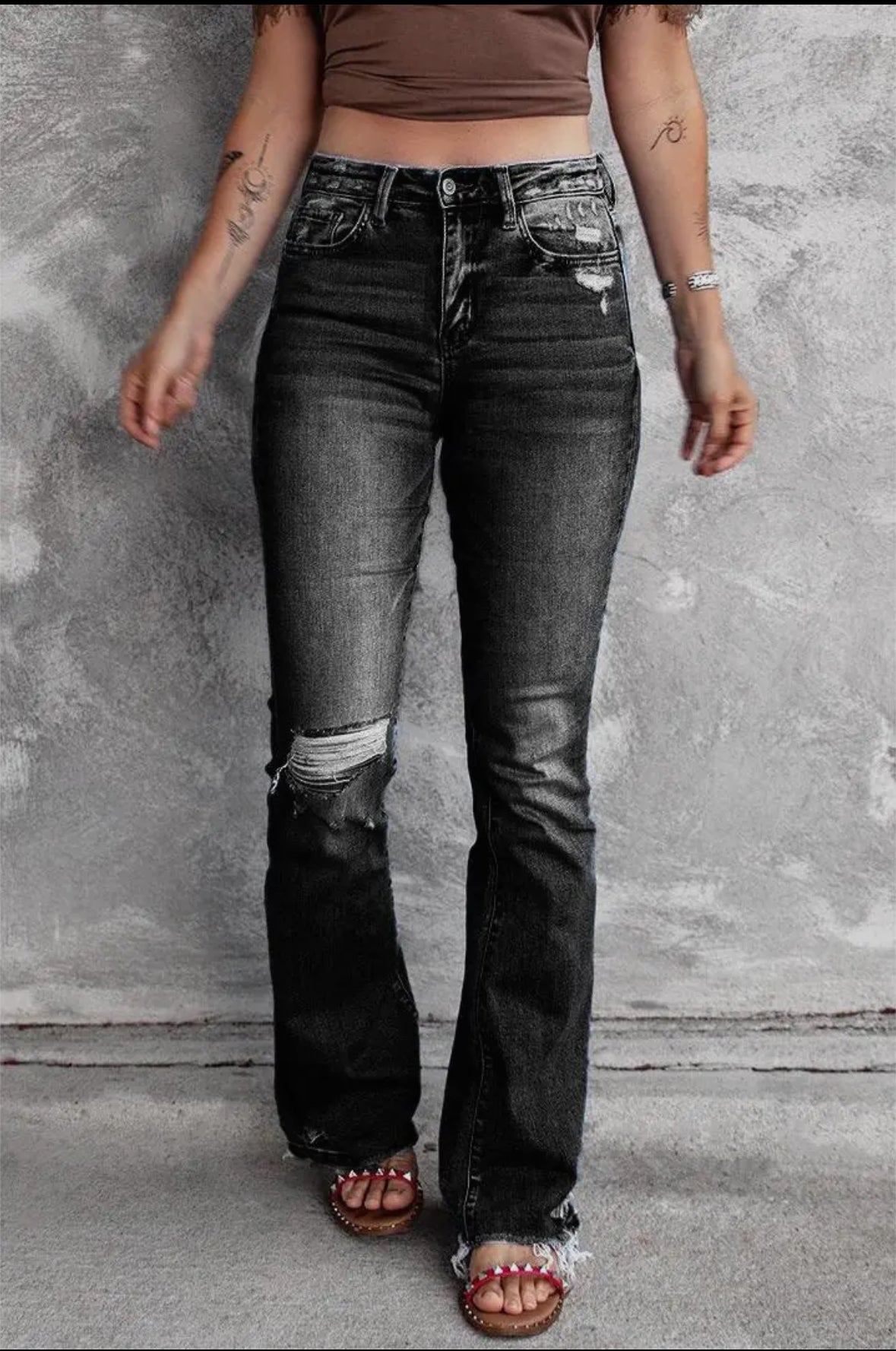 High-rise trousers stretch raw ripped jeans