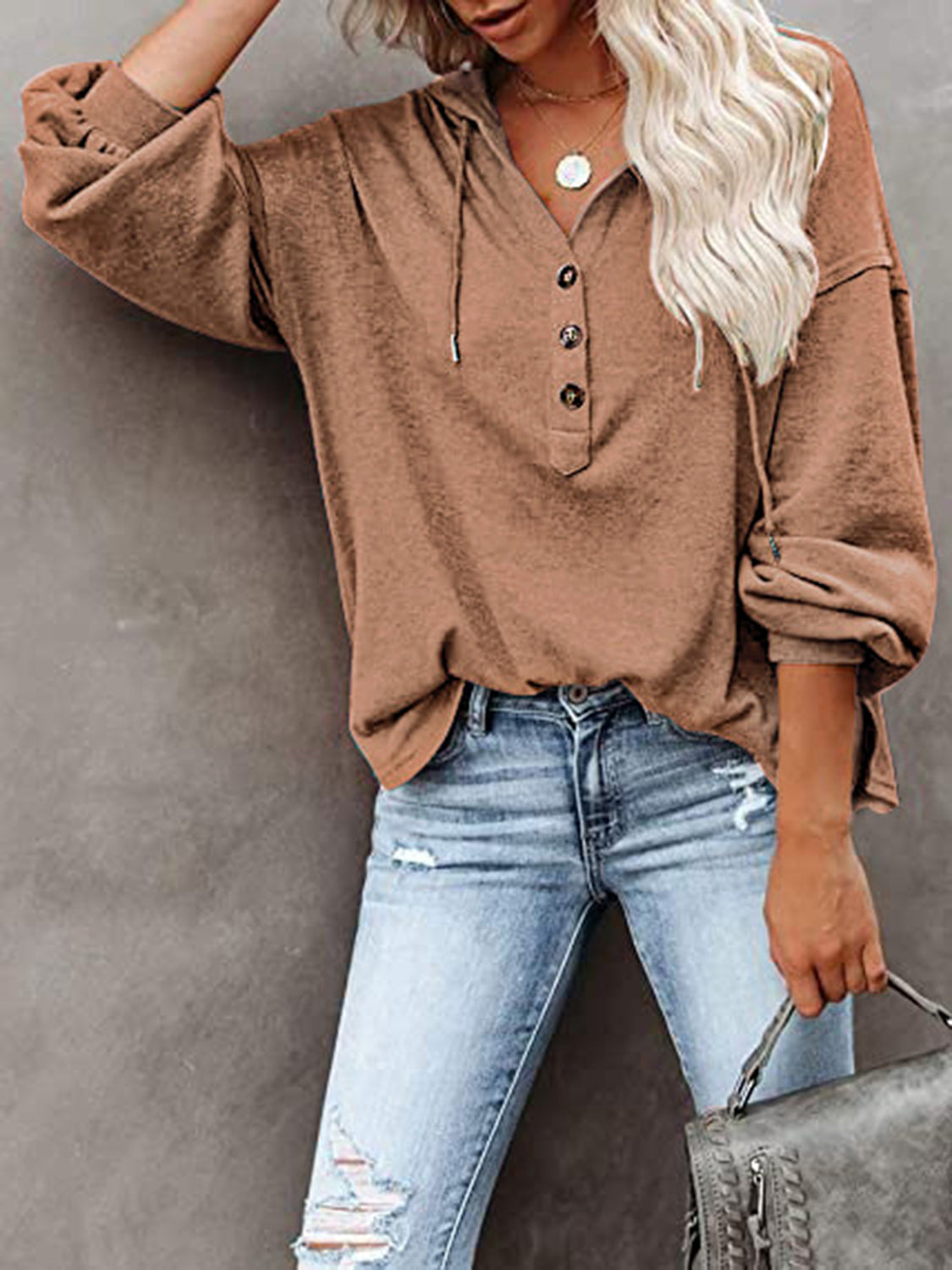 Buttoned Drop Shoulder Hoodie