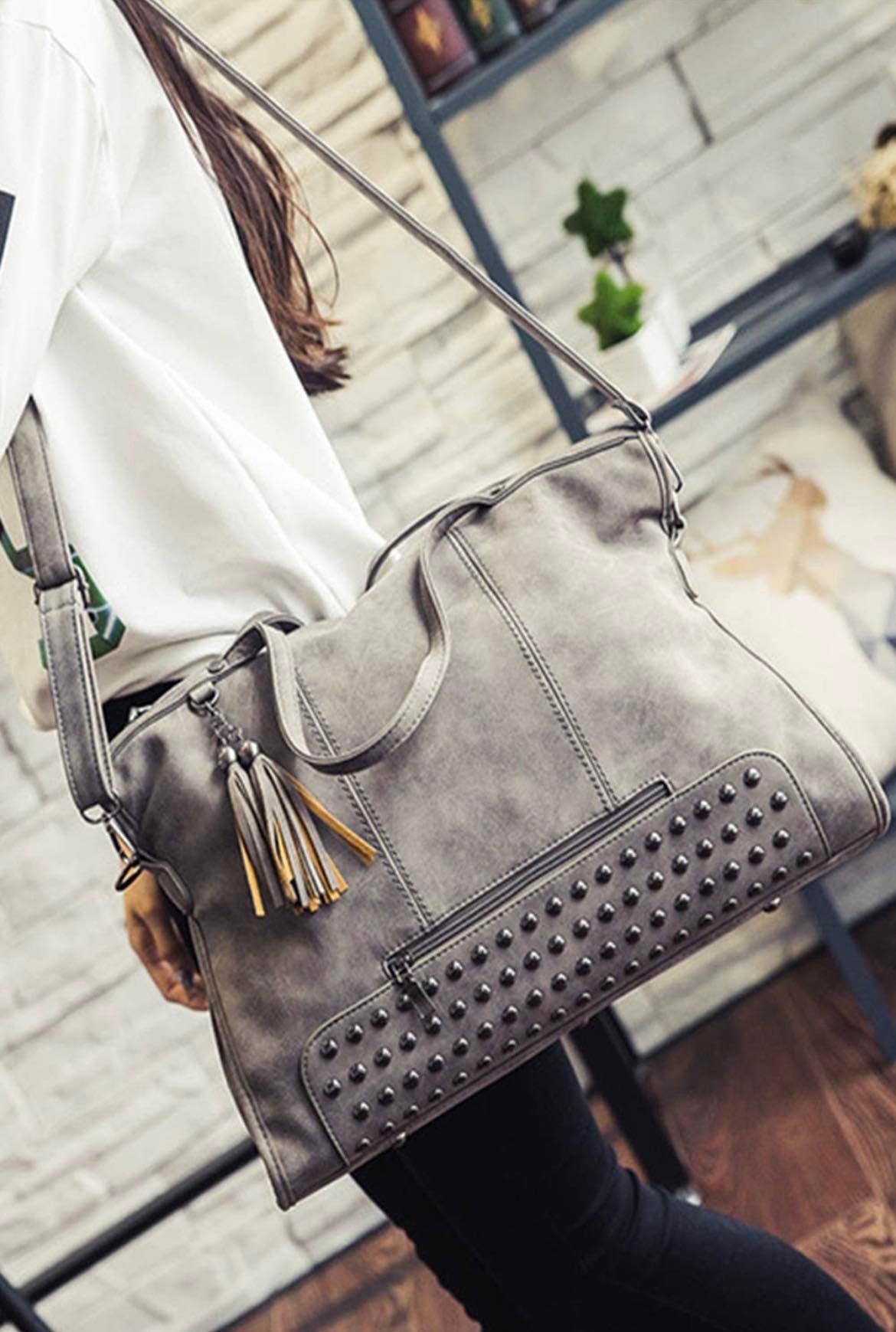 Gray vintage studded tote